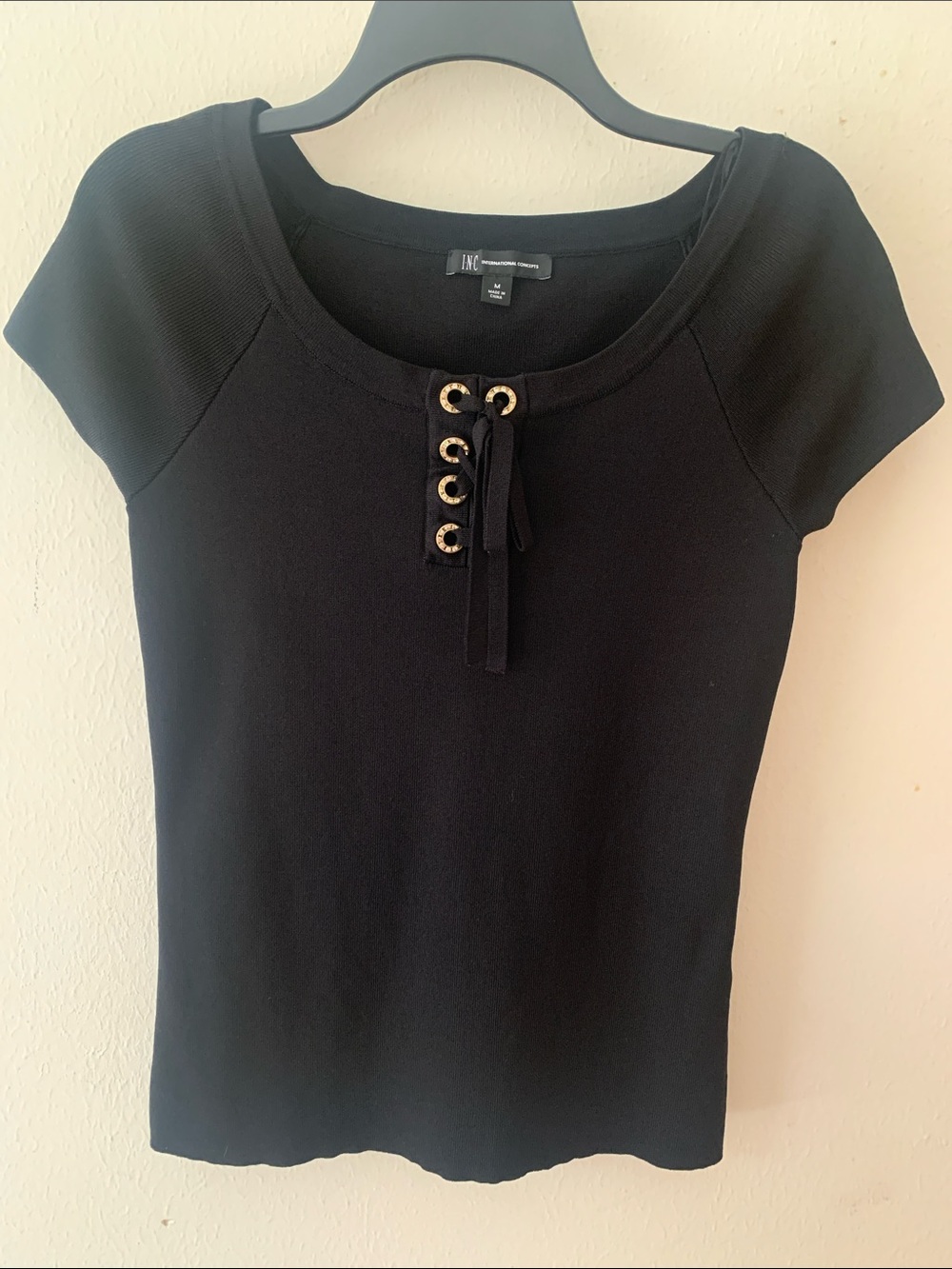 INC International Concepts Short-Sleeve Grommet Lace-Up Top Black Medium